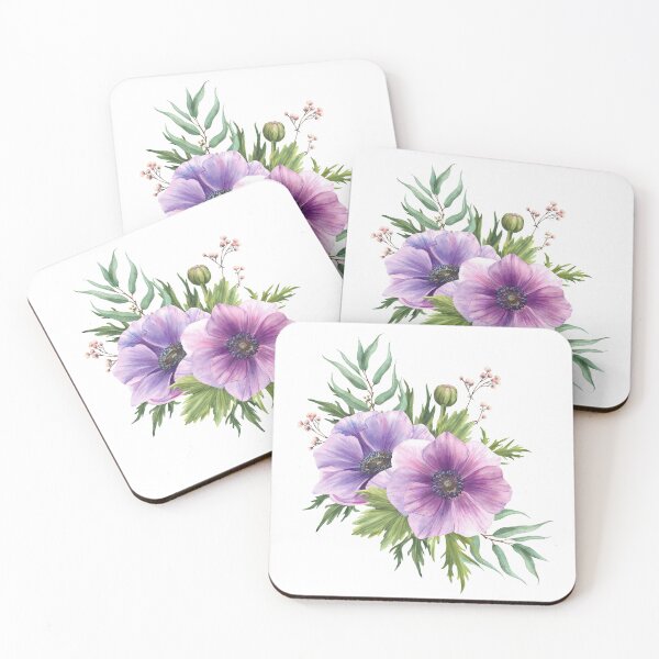 Item preview, Copy of Purple flowers Anemone with eucalyptus branches. Watercolor blooming bouquet designed and sold by BartolArt.