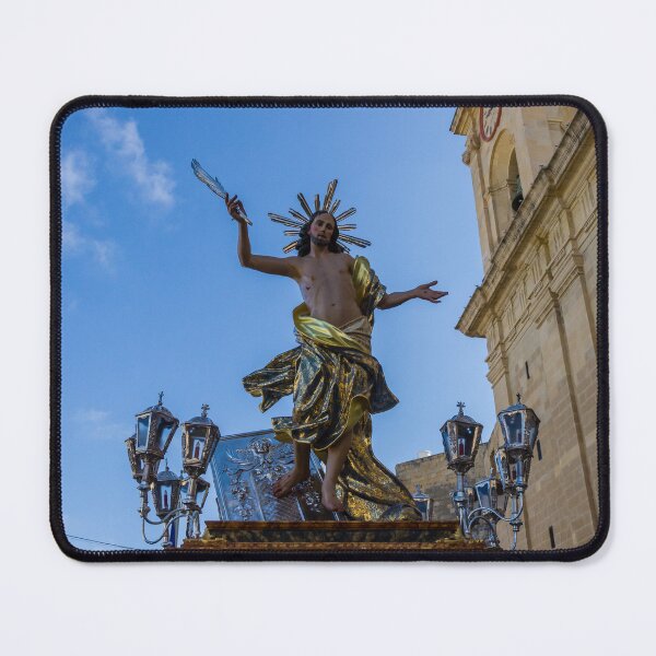 Item preview, Dramatic Religious Statue of Jesus on Ornate Float During Church Procession Under Blue Sky designed and sold by Nmallia.