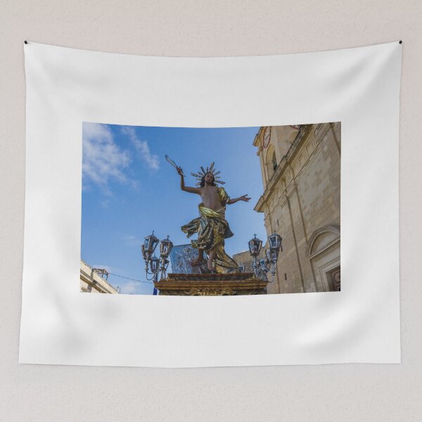 Item preview, Dramatic Religious Statue of Jesus on Ornate Float During Church Procession Under Blue Sky designed and sold by Nmallia.