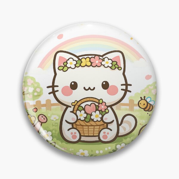 Item preview, Kawaii Spring Cat with Flower Basket – Cute Pastel Kitty Rainbow Illustration, Floral Aesthetic Cat Design for Stickers & T-Shirts designed and sold by .onemoredesign..