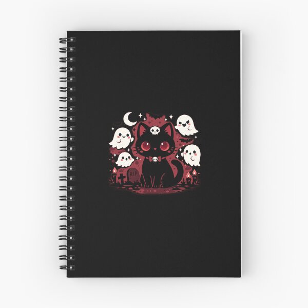 Aperçu de l'œuvre Chat Kawaii Effrayant avec des Fantômes – Esthétique Gothique Mignonne d'Halloween Bordeaux et Noir créée et vendue par .onemoredesign..