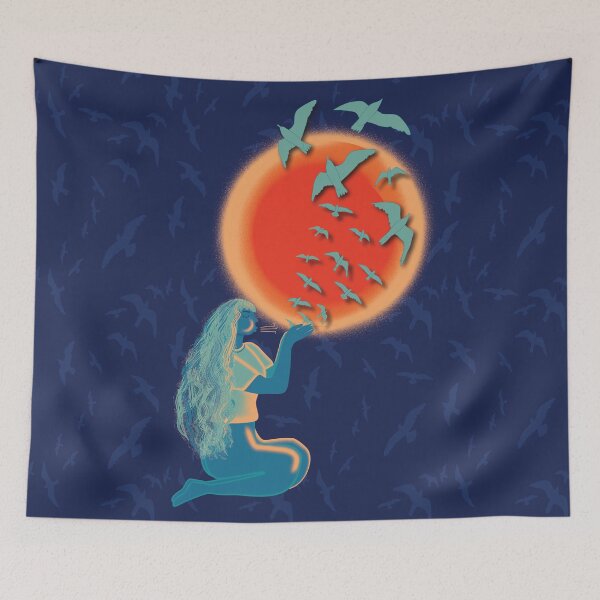 Item preview, The nymph blowing creates birds that roam the night, blue night background, turquoise birds designed and sold by WONDERPRINTVALLEY.