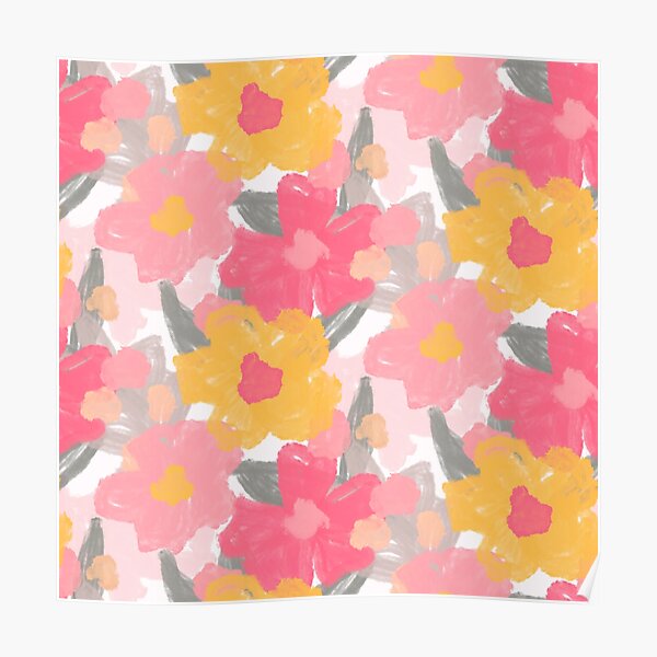 Pretty pink and yellow flowers on a white base Poster