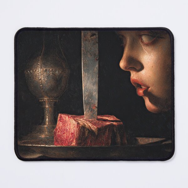Item preview, Dark Surreal Still Life with Knife, Raw Meat, and Woman’s Face designed and sold by Shannon Hilson.