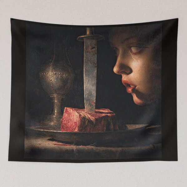 Item preview, Dark Surreal Still Life with Knife, Raw Meat, and Woman’s Face designed and sold by Shannon Hilson.