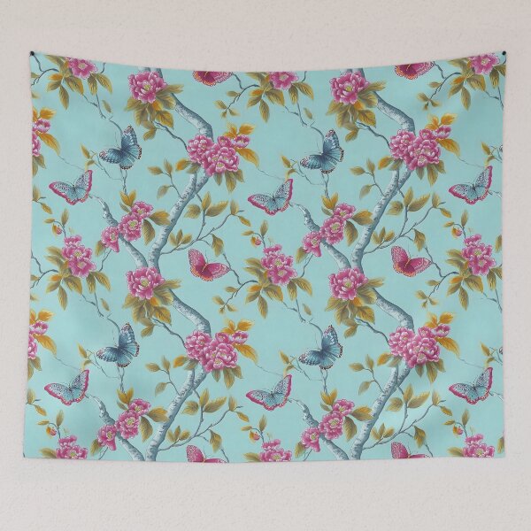 Item preview, Flores, ramas y mariposas de estilo chino sobre fondo turquesa. designed and sold by SophieClimaArt.