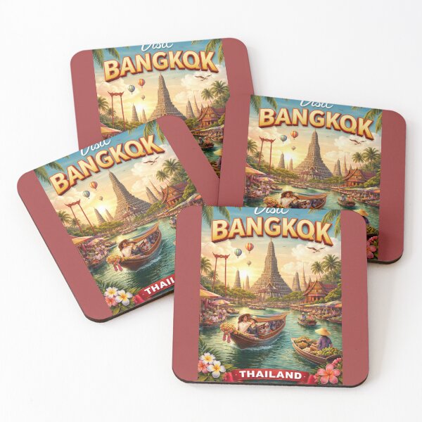 Item preview, Bangkok Thailand Vintage Travel Poster – Floating Market & Wat Arun designed and sold by ElartedeNoel.