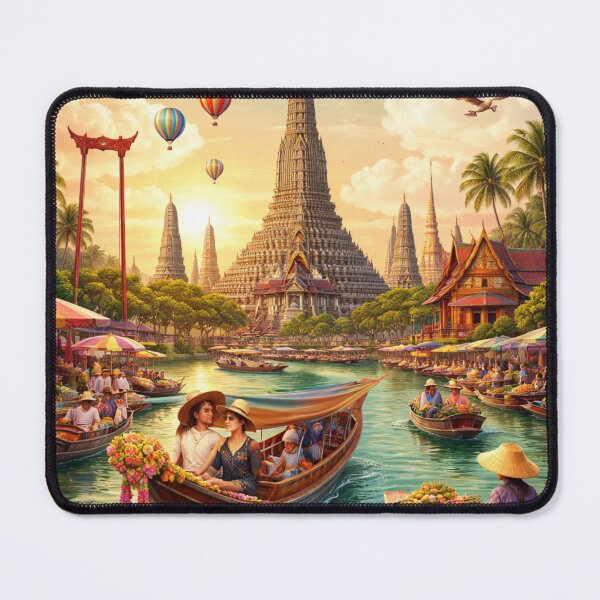 Item preview, Bangkok Thailand Vintage Travel Poster – Floating Market & Wat Arun designed and sold by ElartedeNoel.