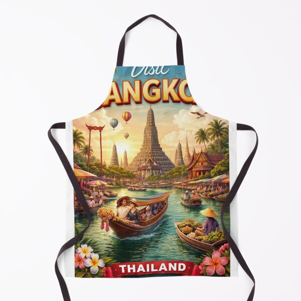 Item preview, Bangkok Thailand Vintage Travel Poster – Floating Market & Wat Arun designed and sold by ElartedeNoel.