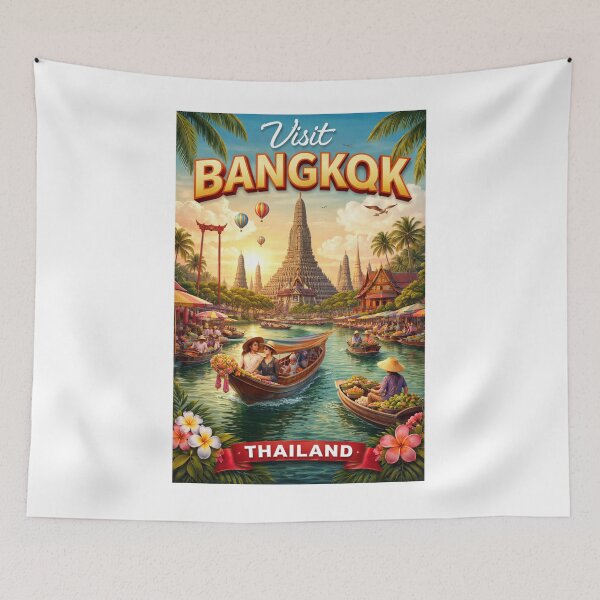 Item preview, Bangkok Thailand Vintage Travel Poster – Floating Market & Wat Arun designed and sold by ElartedeNoel.