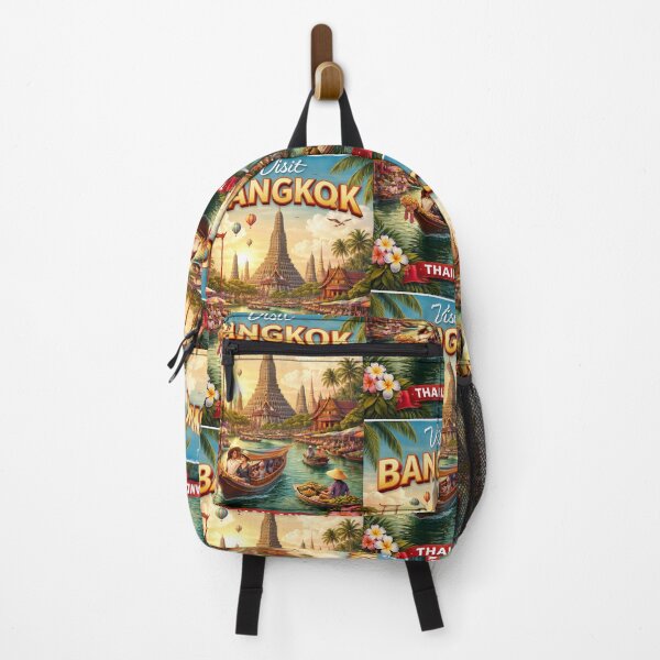 Item preview, Bangkok Thailand Vintage Travel Poster – Floating Market & Wat Arun designed and sold by ElartedeNoel.