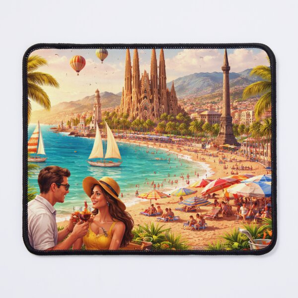 Item preview, Barcelona Spain Vintage Travel Poster – Mediterranean Beach & Sagrada Família designed and sold by ElartedeNoel.