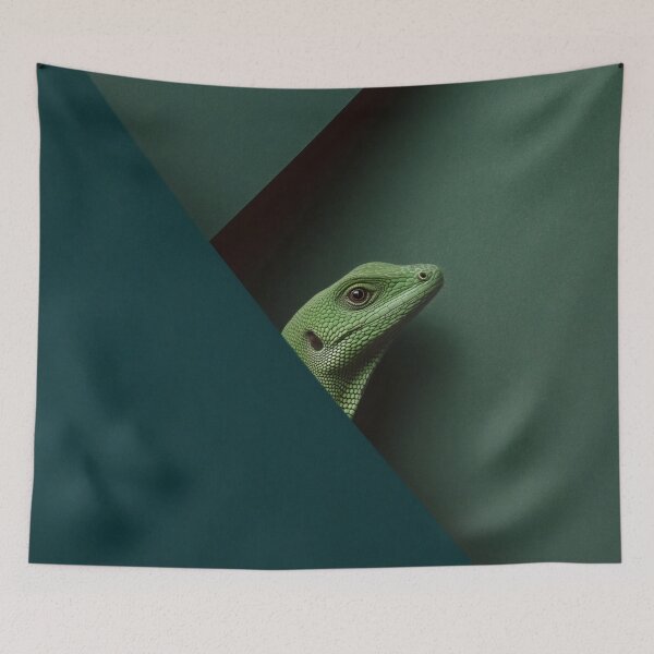 Item preview, Minimalist Green Gecko Peeking Behind Geometric Wall designed and sold by LuminousFoundry.