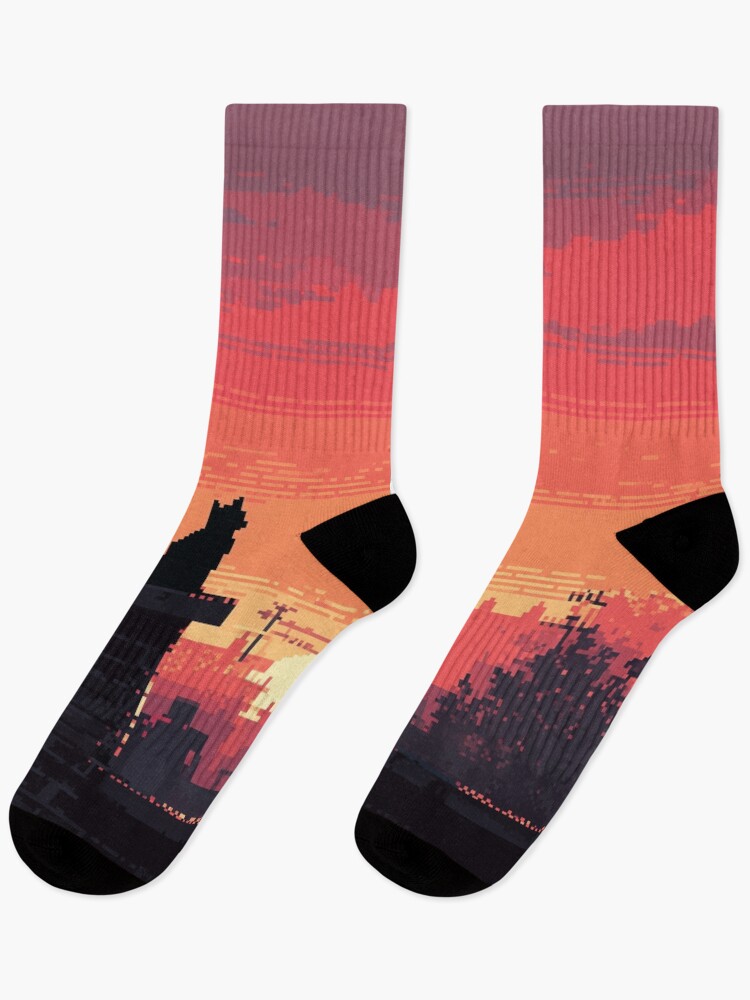 Thumbnail 1 of 5, Socks, Pixel Rooftop Cat at Sunset designed and sold by Rtymer.