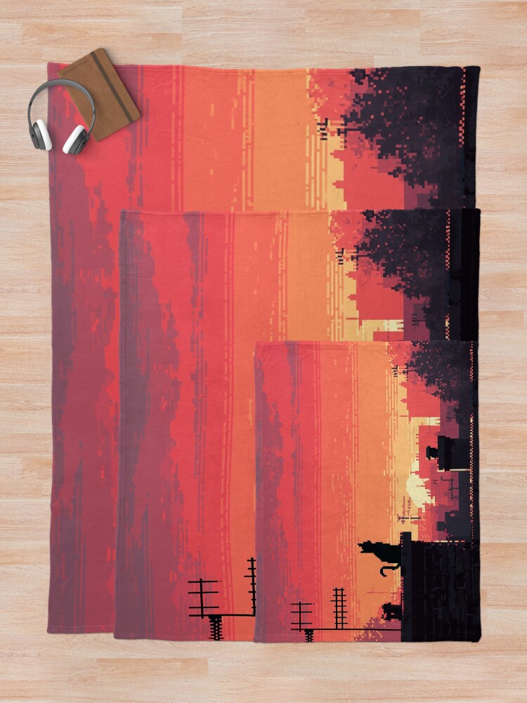 Thumbnail 5 of 6, Throw Blanket, Pixel Rooftop Cat at Sunset designed and sold by Rtymer.