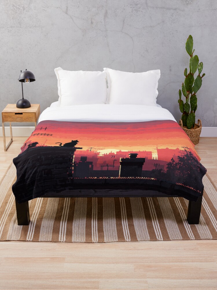 Thumbnail 1 of 6, Throw Blanket, Pixel Rooftop Cat at Sunset designed and sold by Rtymer.