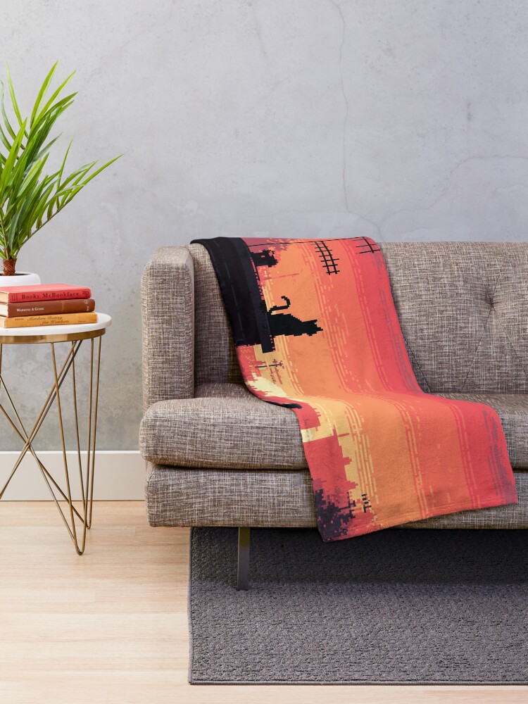 Thumbnail 2 of 6, Throw Blanket, Pixel Rooftop Cat at Sunset designed and sold by Rtymer.