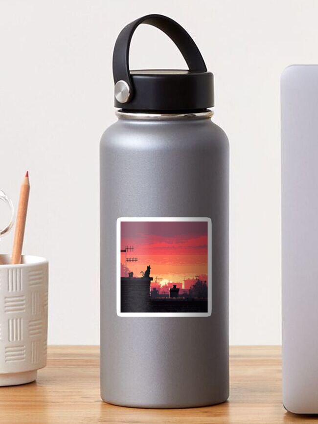Thumbnail 1 of 3, Sticker, Pixel Rooftop Cat at Sunset designed and sold by Rtymer.