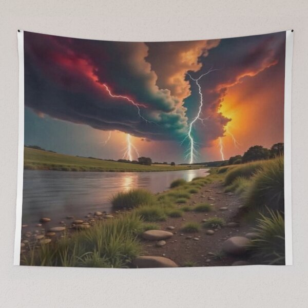 Item preview, Epic Lightning Storm Over River at Sunset designed and sold by BeautifulVirtues.