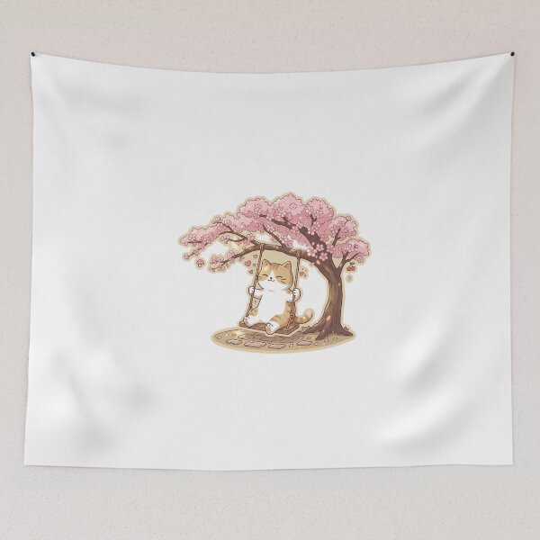 Item preview, Cute Ginger Cat Swinging on Cherry Blossom Tree Kawaii Art designed and sold by NoopnyangStudio.