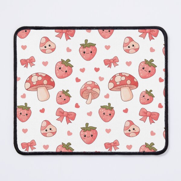 Item preview, Kawaii Seamless Pattern with Cute Strawberries, Red Mushrooms, and Pink Bows on Black Background designed and sold by TESHYS.