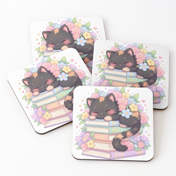 Item preview, Kawaii Cute Black Cat Sleeping on Books Spring Flowers Waterproof Vinyl Book Lovers Kindle Reading  Cat lovers designed and sold by Sketchbook Studio by Aqsaa.