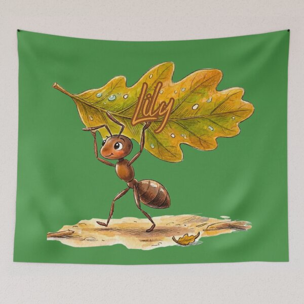 Item preview, Cute Ant Carrying Oak Leaf – Personalized Name Lily Watercolor Art designed and sold by MBBialyPiksel.