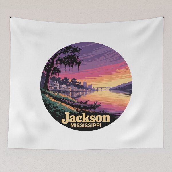 Item preview, Jackson Mississippi: Retro Sunset Riverfront Skyline Illustration designed and sold by CircinusStore.