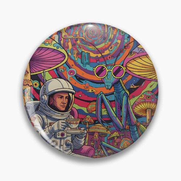 Item preview, This maximalist surrealist pop art features a vintage astronaut having tea with an alien insect among psychedelic mushrooms designed and sold by Dejbar.