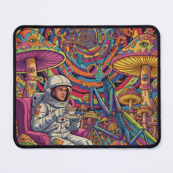 Item preview, This maximalist surrealist pop art features a vintage astronaut having tea with an alien insect among psychedelic mushrooms designed and sold by Dejbar.