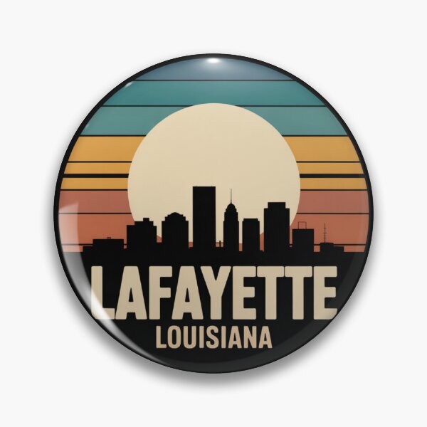Item preview, Lafayette Louisiana: Retro Blue Teal Orange Sunset Skyline Badge designed and sold by CircinusStore.