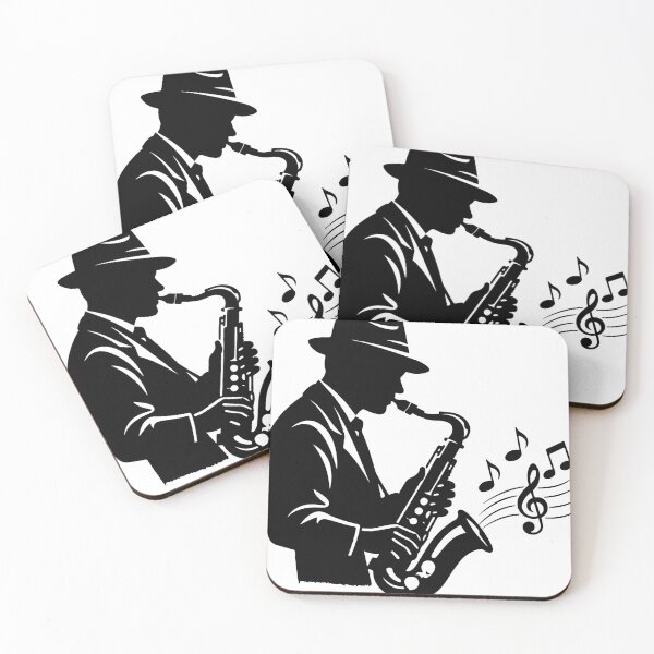 Item preview, A vintage 1950s style black and white silhouette of a jazz saxophonist playing his instrument. designed and sold by Dejbar.