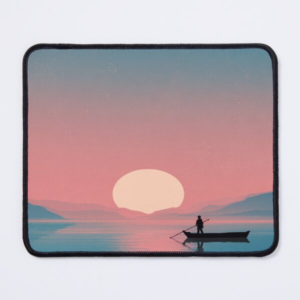 Item preview, Minimalist Sunset Rowboat Lake Mountain Landscape designed and sold by NicolasGlowArt.