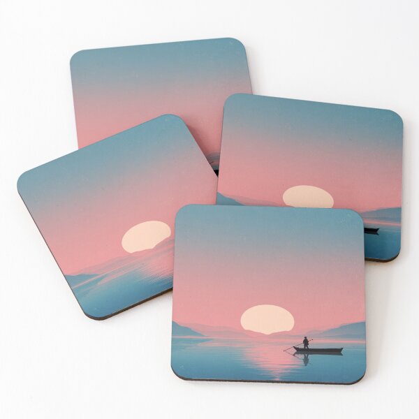 Item preview, Minimalist Sunset Rowboat Lake Mountain Landscape designed and sold by NicolasGlowArt.