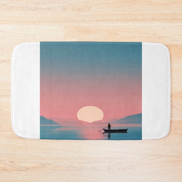 Item preview, Minimalist Sunset Rowboat Lake Mountain Landscape designed and sold by NicolasGlowArt.
