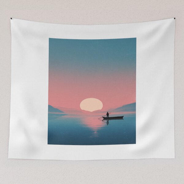 Item preview, Minimalist Sunset Rowboat Lake Mountain Landscape designed and sold by NicolasGlowArt.