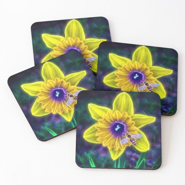 Item preview, Neon Daffodil with Bee - Cyber Botanical Art designed and sold by Scoutic-Neon.