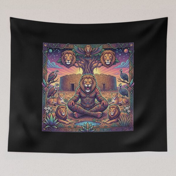 Item preview, VIBRANT GROOVY TRIBAL LION Ancient Art style vintage vibes cat lovers big cats holy Lions Lion Castle Savannah designed and sold by Jt41.