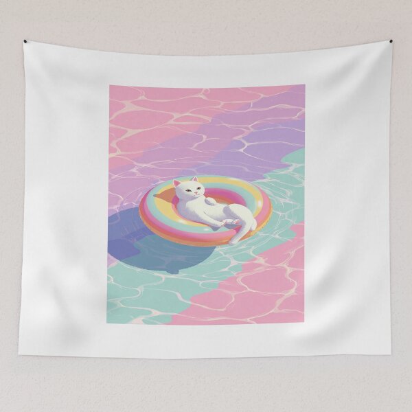 Artikelvorschau, Entspannende Regenbogenkatze, schwimmend, pastellfarbenes Poolwasser entworfen und verkauft von NicolasGlowArt.