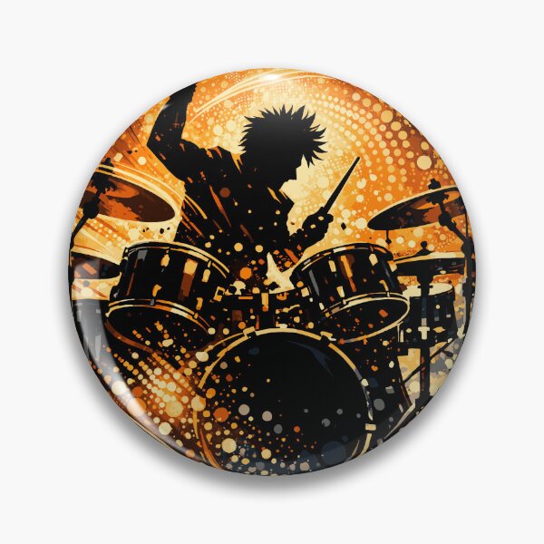 Item preview, Dynamic black silhouette of a drummer in mid-strike, drumsticks creating motion arcs, abstract circular dot patterns designed and sold by Dejbar.