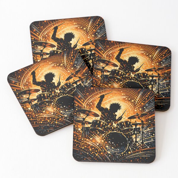 Item preview, Dynamic black silhouette of a drummer in mid-strike, drumsticks creating motion arcs, abstract circular dot patterns designed and sold by Dejbar.