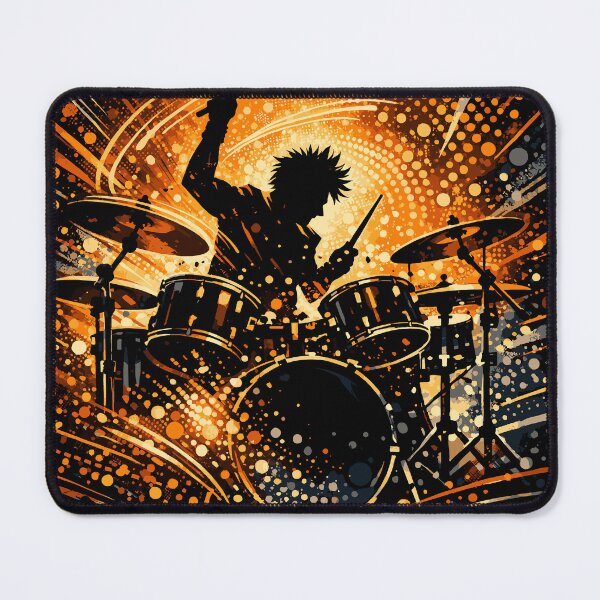 Item preview, Dynamic black silhouette of a drummer in mid-strike, drumsticks creating motion arcs, abstract circular dot patterns designed and sold by Dejbar.