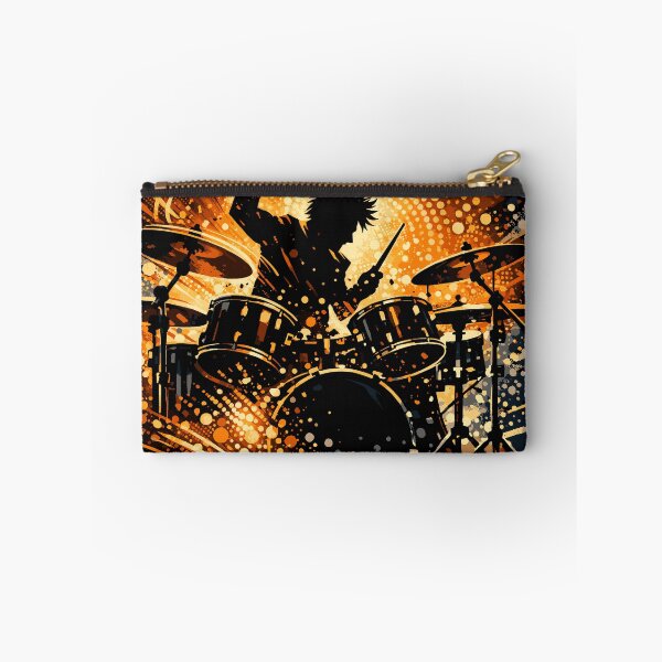 Item preview, Dynamic black silhouette of a drummer in mid-strike, drumsticks creating motion arcs, abstract circular dot patterns designed and sold by Dejbar.