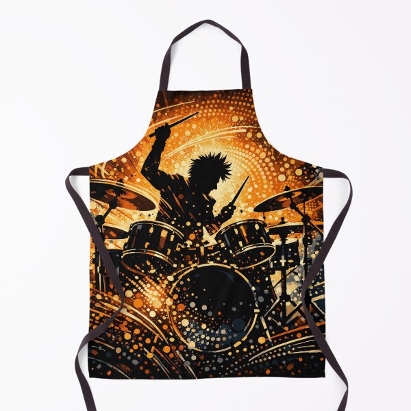 Item preview, Dynamic black silhouette of a drummer in mid-strike, drumsticks creating motion arcs, abstract circular dot patterns designed and sold by Dejbar.