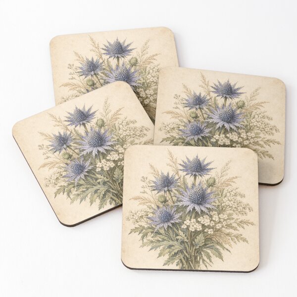 Item preview, Vintage Wildflower Bouquet Botanical Illustration – Blue Thistle Eryngium Rustic Floral Print designed and sold by Darlin8888.