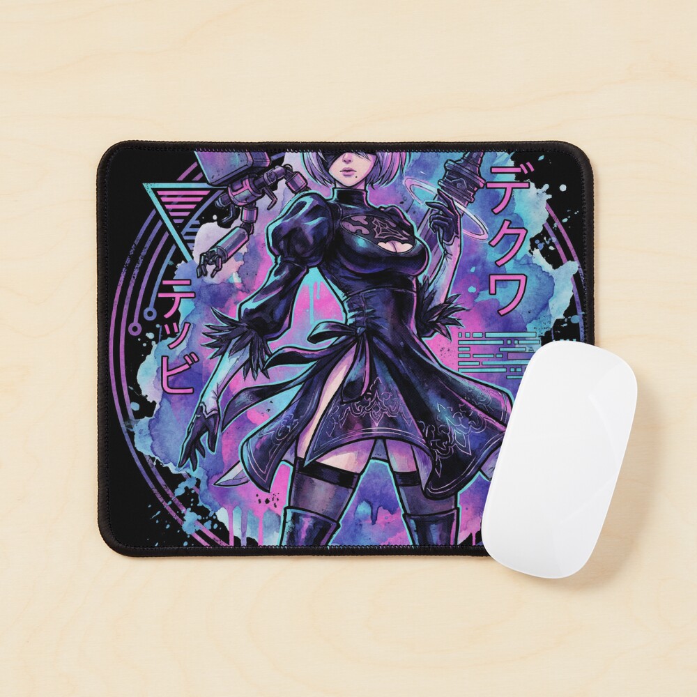 NieR Automata 2B Vaporwave Glitch Palm Sunset Neon Grid Art