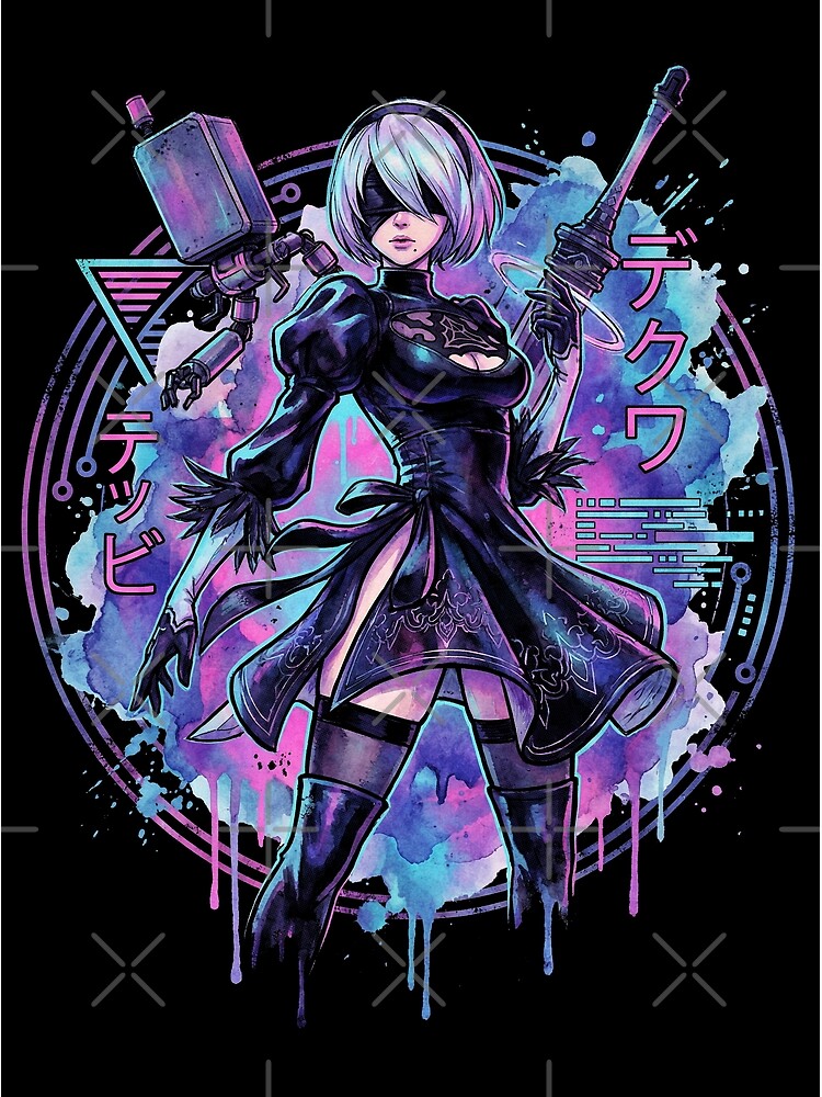 NieR Automata 2B Vaporwave Glitch Palm Sunset Neon Grid Art