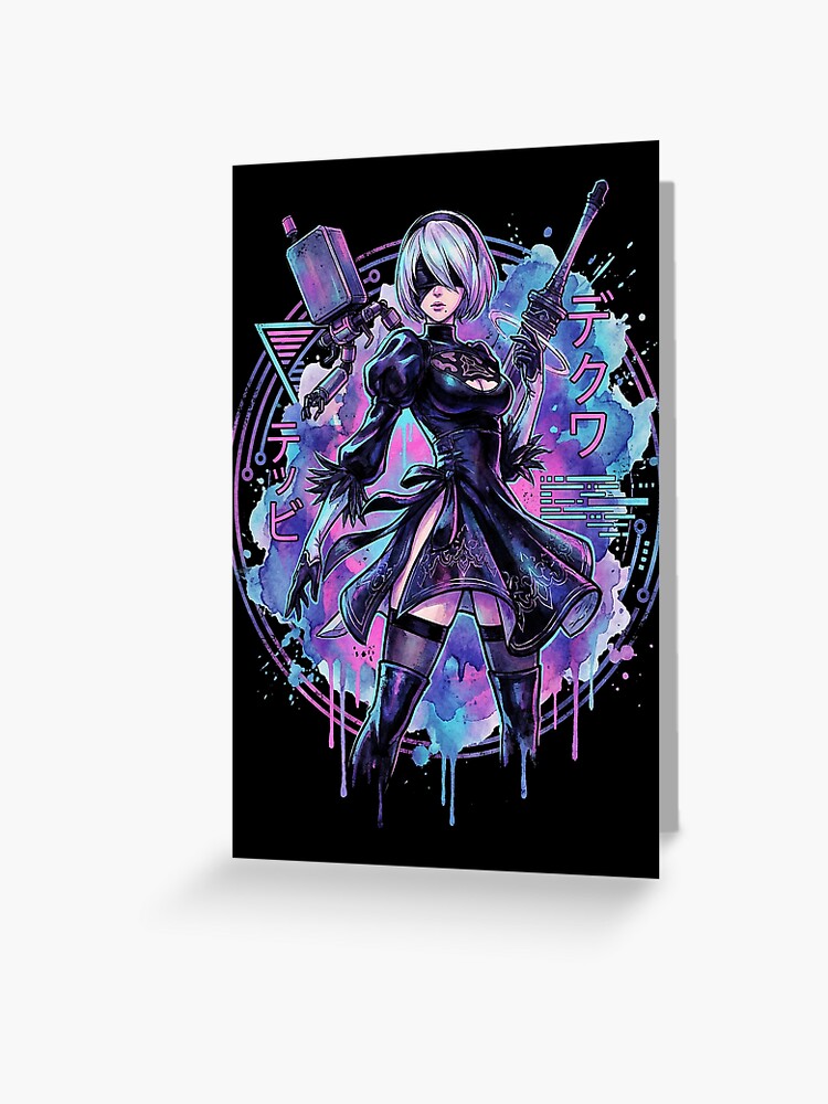 NieR Automata 2B Vaporwave Glitch Palm Sunset Neon Grid Art