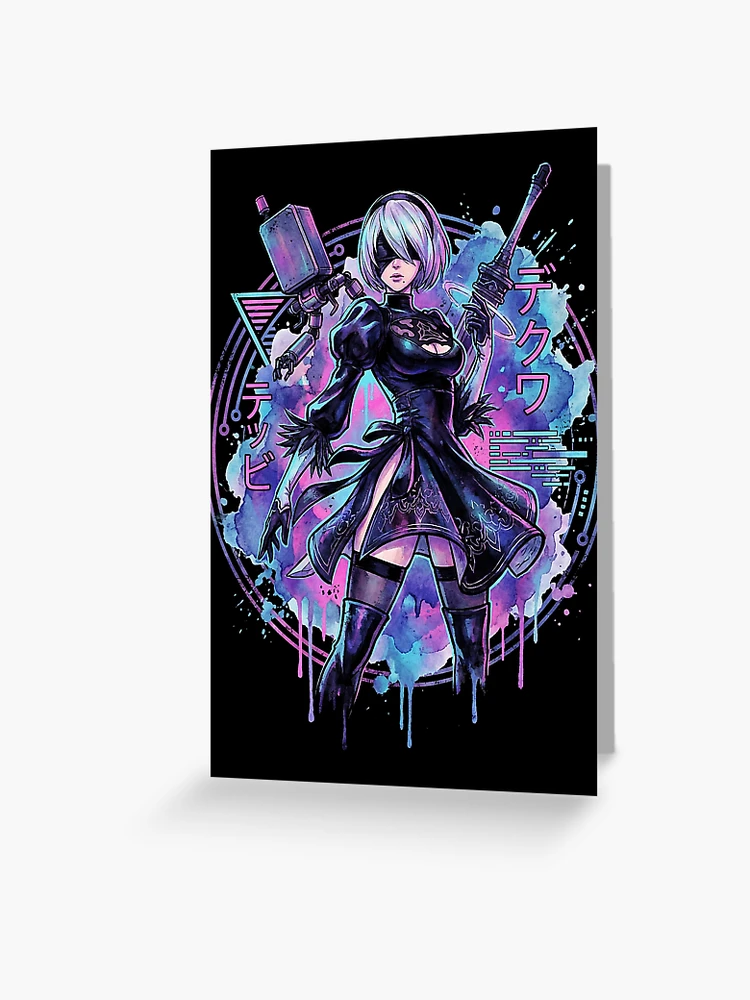 NieR Automata 2B Vaporwave Glitch Palm Sunset Neon Grid Art