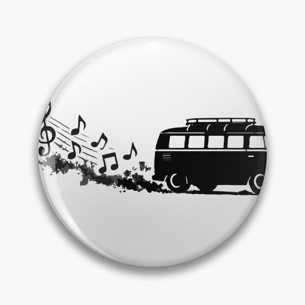 Item preview, Black silhouette retro camper van leaving a trail of musical notes and paint splatter, evoking road trip freedom, vintage surf and hippie music vibes for travel, lifestyle designed and sold by Dejbar.